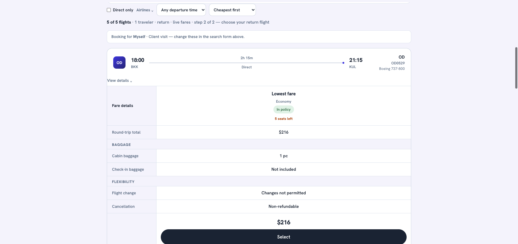A fare's Flexibility section, showing whether changes are permitted
