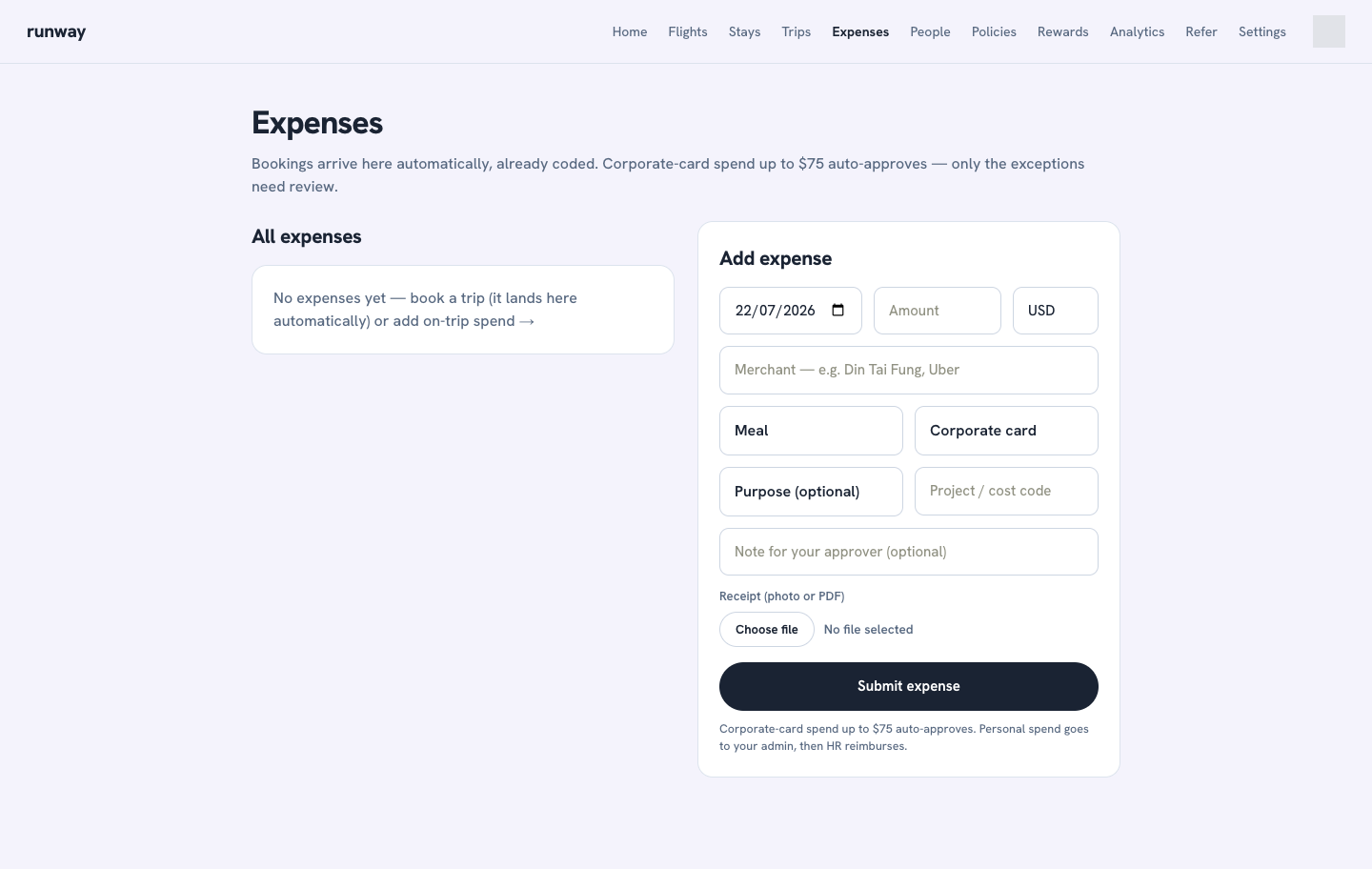 The Expenses page with the add-expense form and receipt upload
