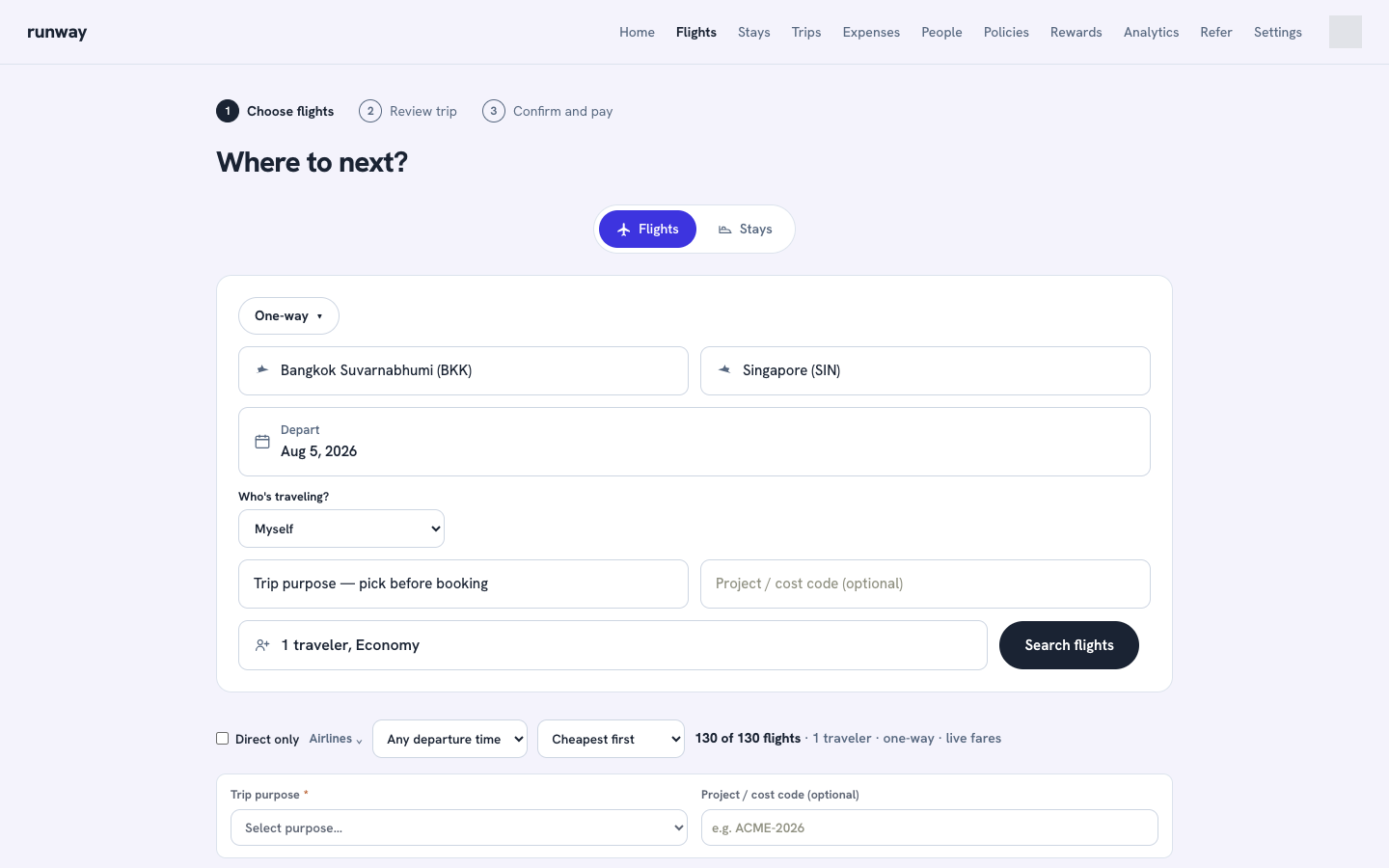 Flight results with live fares, filters, and the three-step booking bar