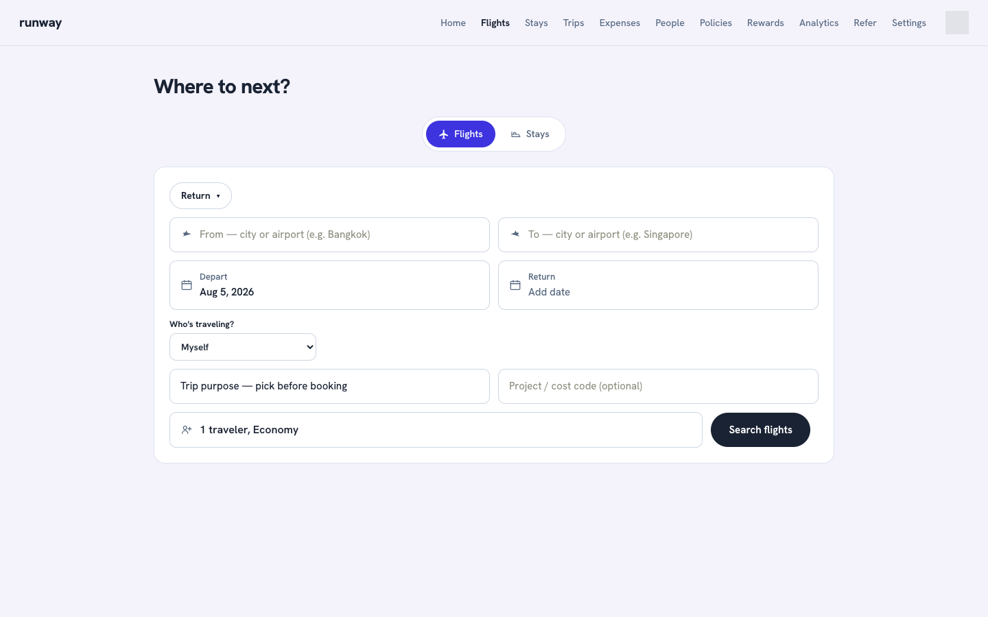 The flight search form: from, to, dates, who's travelling, trip purpose