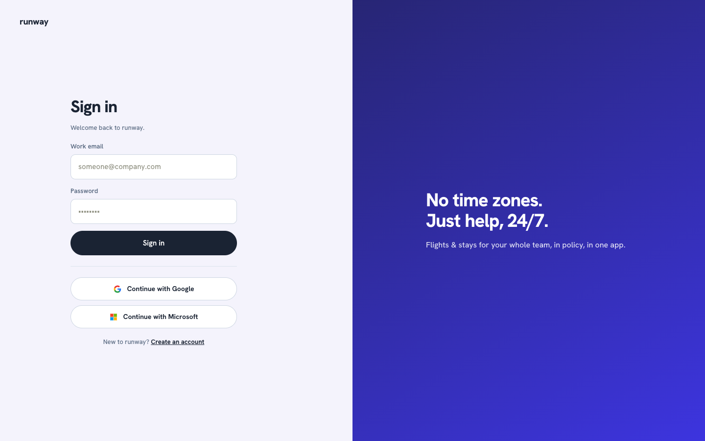 The Runway sign-in page with work email and password