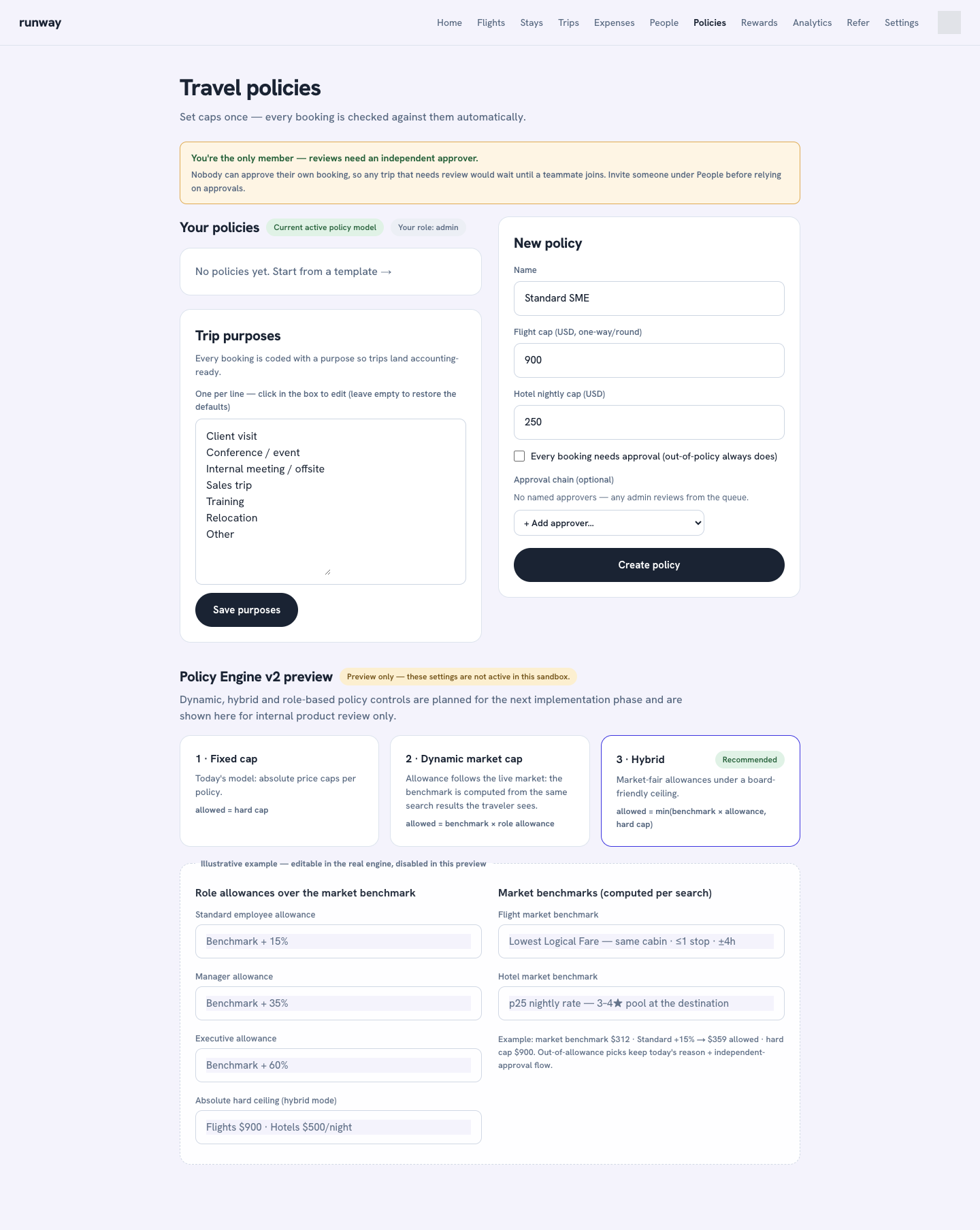 The Travel policies page: caps, trip purposes, and the new-policy form