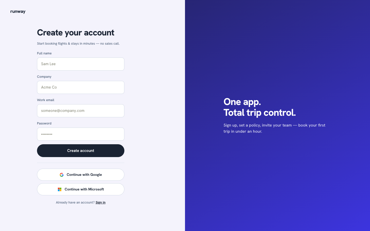 The Runway sign-up page: full name, company, work email, and password