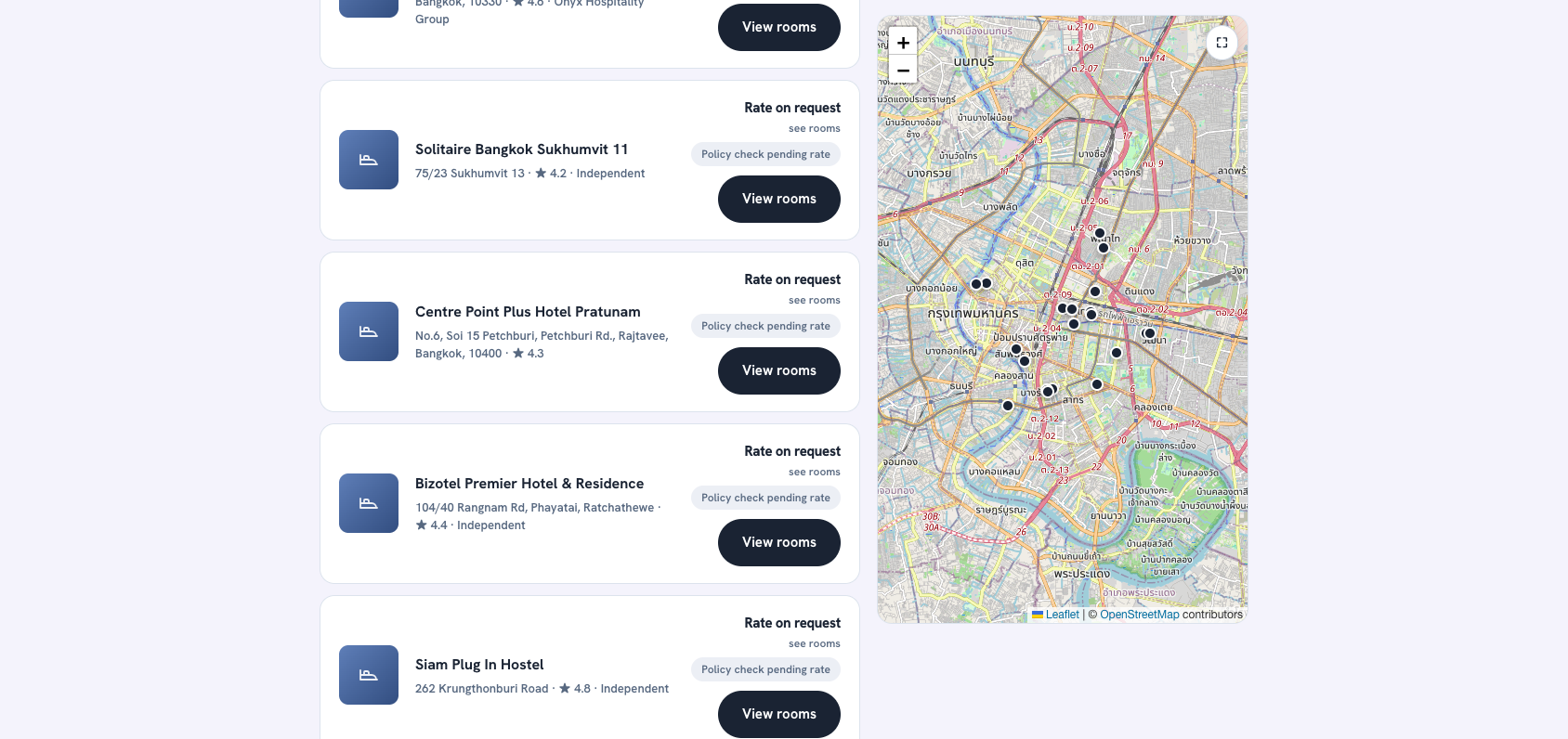 Stay results: a list of hotels with a map, ratings, and policy-check status