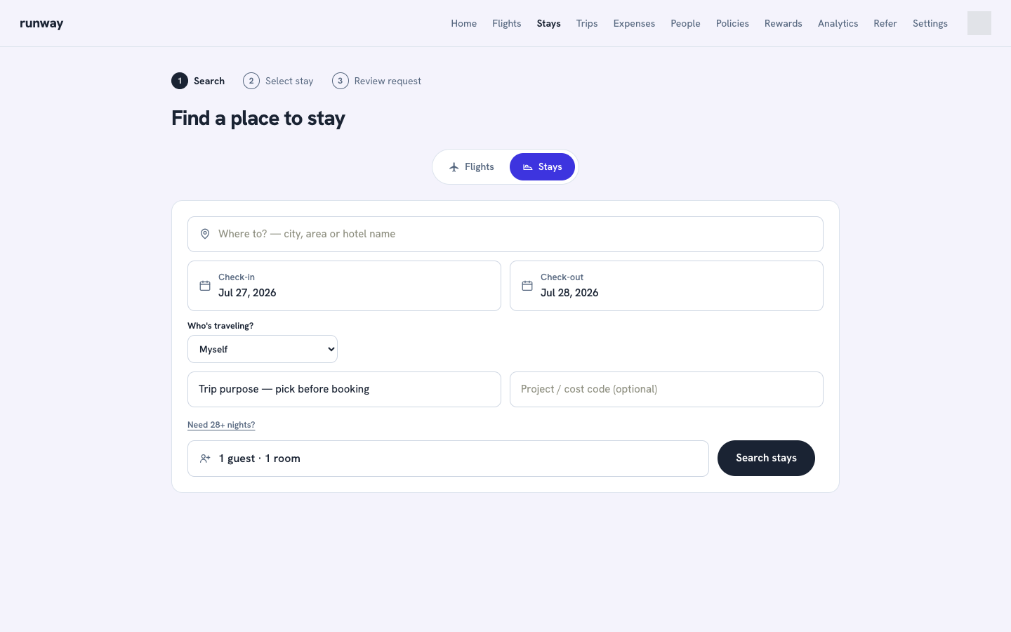 The stay search form: where to, check-in and check-out, guests and rooms